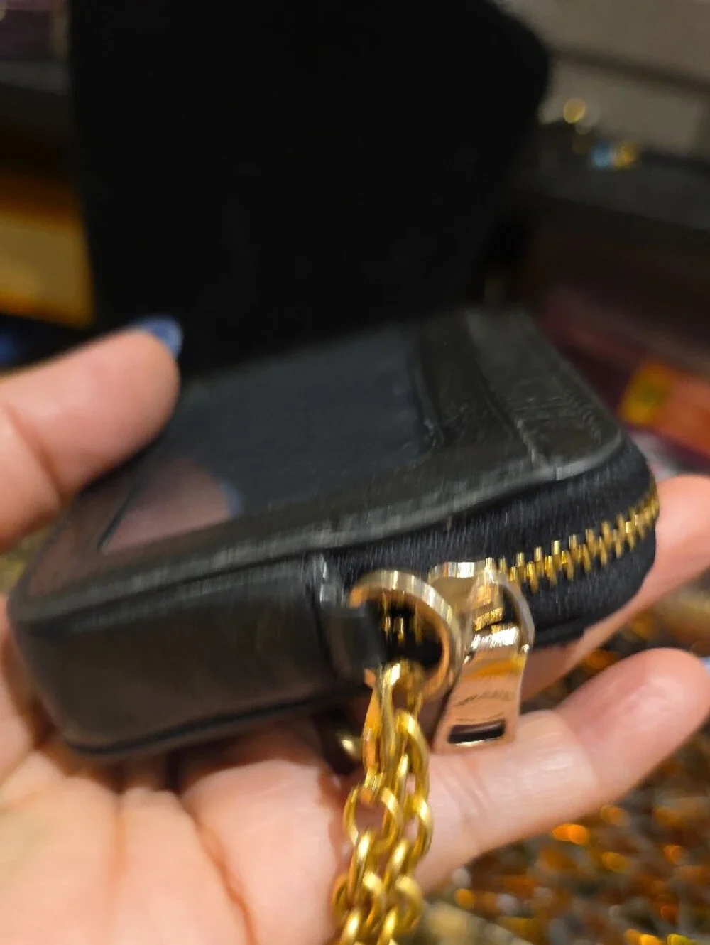 Coach Black Pebbled Leather Mini Wallet with Gold Chain